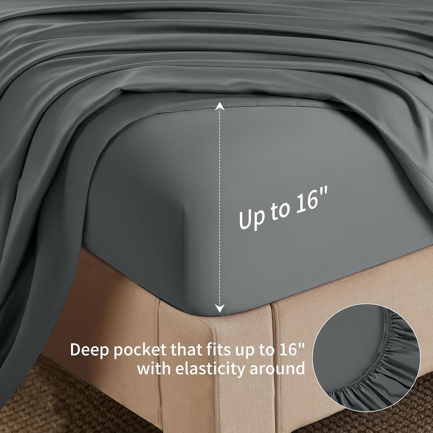 6 Piece King Sheet Sets, Cooling Sheets, Blend Rayon Derived from Bamboo, Deep Pocket up to 16", Breathable & Soft Bed Sheets, Hotel Silky Bedding Set, Dark Grey