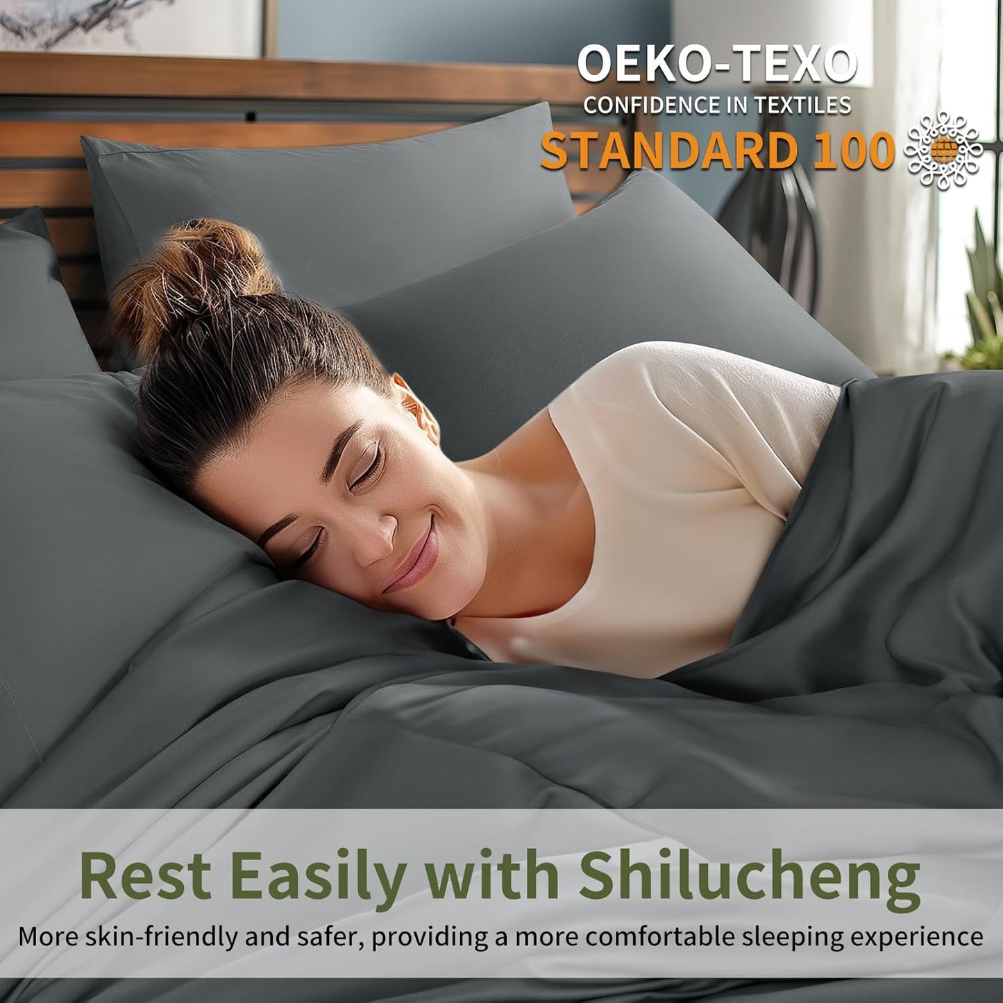 6 Piece King Sheet Sets, Cooling Sheets, Blend Rayon Derived from Bamboo, Deep Pocket up to 16", Breathable & Soft Bed Sheets, Hotel Silky Bedding Set, Dark Grey