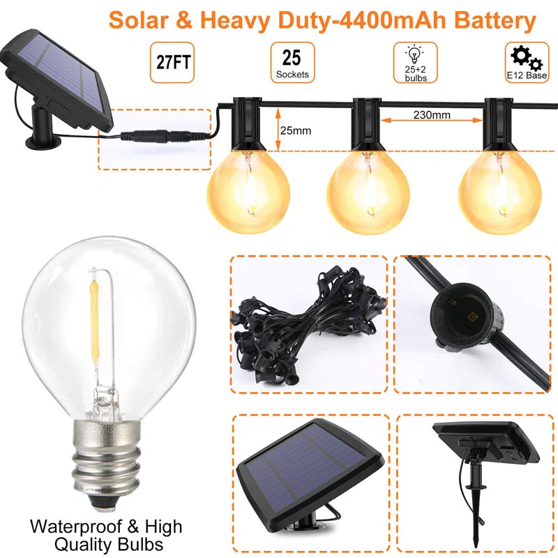 27FT 25-Bulb Solar-Powered Outdoor Globe String Light Shatterproof
