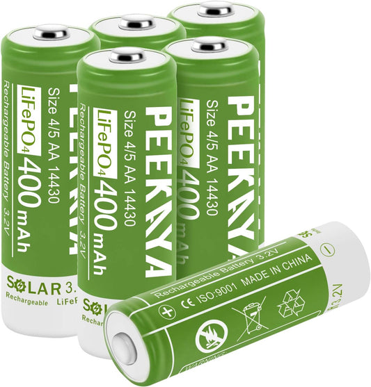 (6-Pack) 14430 Rechargeable Battery Lifepo4 3.2V 400Mah for Ourdoor Gardan Solar Light, Eco-Friendly and Safe