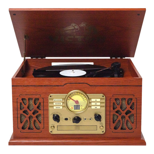 Digital Turntable Bluetooth Radio Record Player with Built-In Stereo Speakers, Mahogany