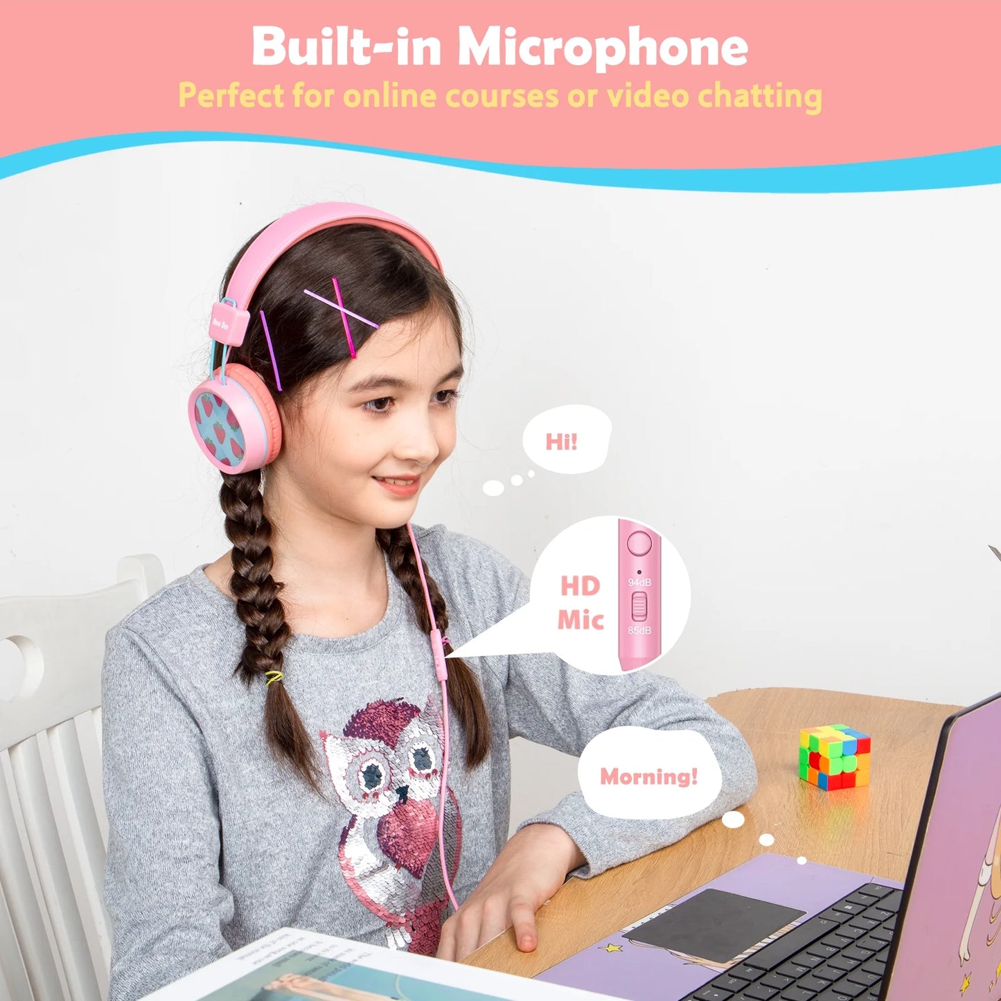 2PC Kids Headphones with Microphone, HD Stereo, Safe Volume Limit 85Db/94Db, Eco-Friendly, Foldable, Adjustable Headband, 3.5Mm Jack for School /Pc/Mac/Tablet (Pink&Blue)