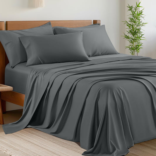 6 Piece King Sheet Sets, Cooling Sheets, Blend Rayon Derived from Bamboo, Deep Pocket up to 16", Breathable & Soft Bed Sheets, Hotel Silky Bedding Set, Dark Grey