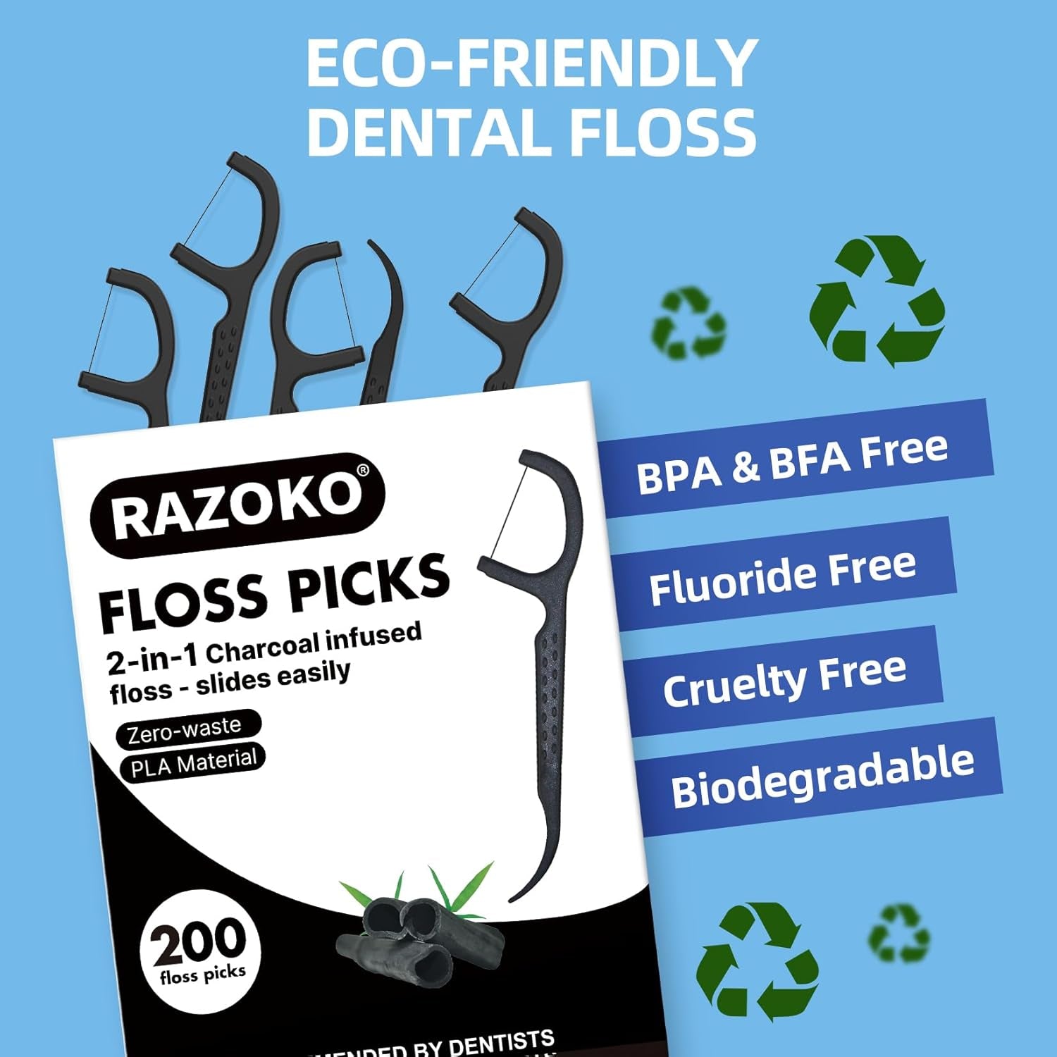 Natural Dental Floss Picks High Toughness Charcoal Toothpicks Sticks-Vegan,Eco-Friendly Sustainable Flossers for Teeth Cleaning (200 Count)
