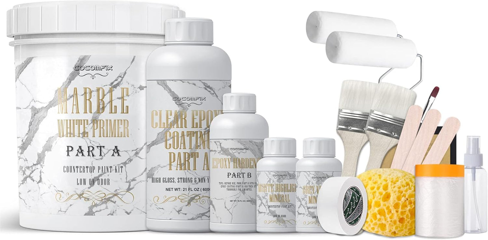 White Marble Countertop Paint Kit - 25X Thick High-Gloss Epoxy Countertop Kit. Works on Kitchen Bathroom - Granite, Marble, Corian and Other Natural Stone Surfaces.