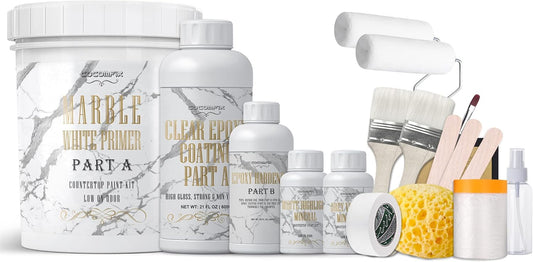 White Marble Countertop Paint Kit - 25X Thick High-Gloss Epoxy Countertop Kit. Works on Kitchen Bathroom - Granite, Marble, Corian and Other Natural Stone Surfaces.