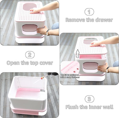 Foldable Cat Litter Box,Cat Box with Drawer, Large Capacity Litter Box with Lid, Top Opening Litter Pan for Small to Big Cats (Pink)