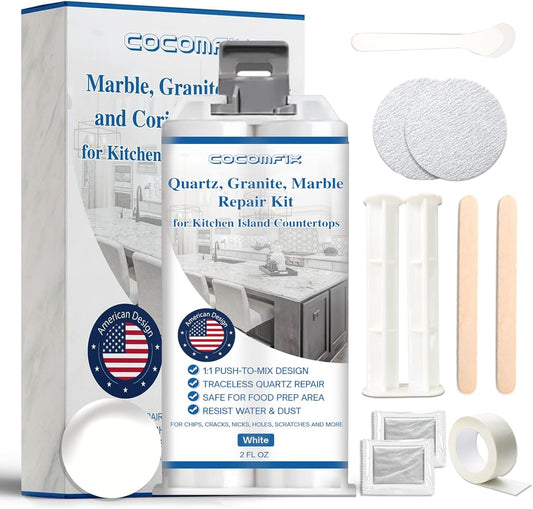 Quartz Countertop Repair Kit(White), Quick-Drying Quartz Chip Repair Kit for Edge Chips, Cracks, Scratches and Holes on Quartz, Marble, Granite, Porcelain and Other Stone Surfaces