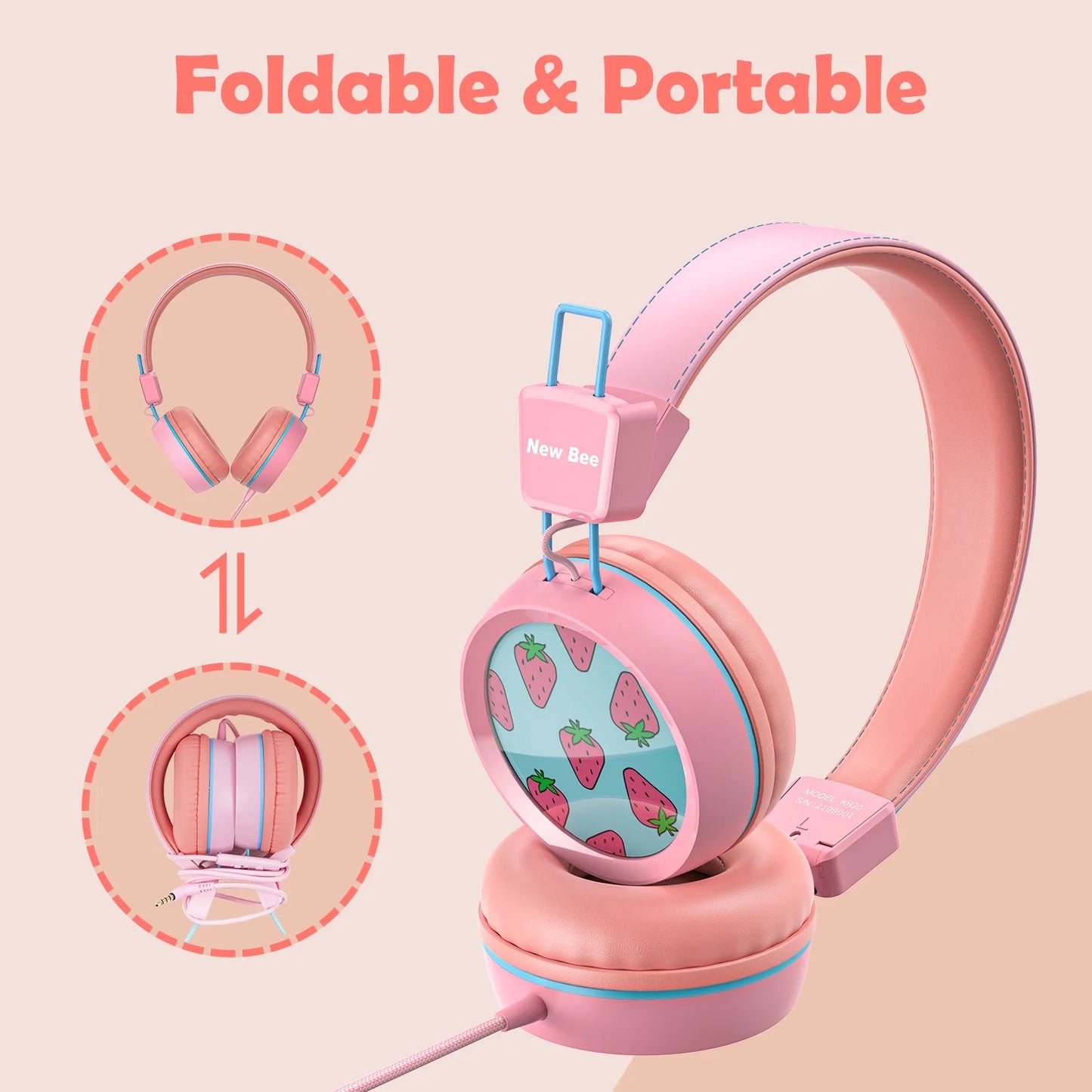 2PC Kids Headphones with Microphone, HD Stereo, Safe Volume Limit 85Db/94Db, Eco-Friendly, Foldable, Adjustable Headband, 3.5Mm Jack for School /Pc/Mac/Tablet (Pink&Blue)