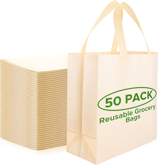Reusable Grocery Bags Eco-Friendly - Large Reusable Shopping Bags, Heavy Duty Grocery Bags, 14.5"X14"X6.6" Foldable, Tote Bags Bulk (50 Pack, Cream)
