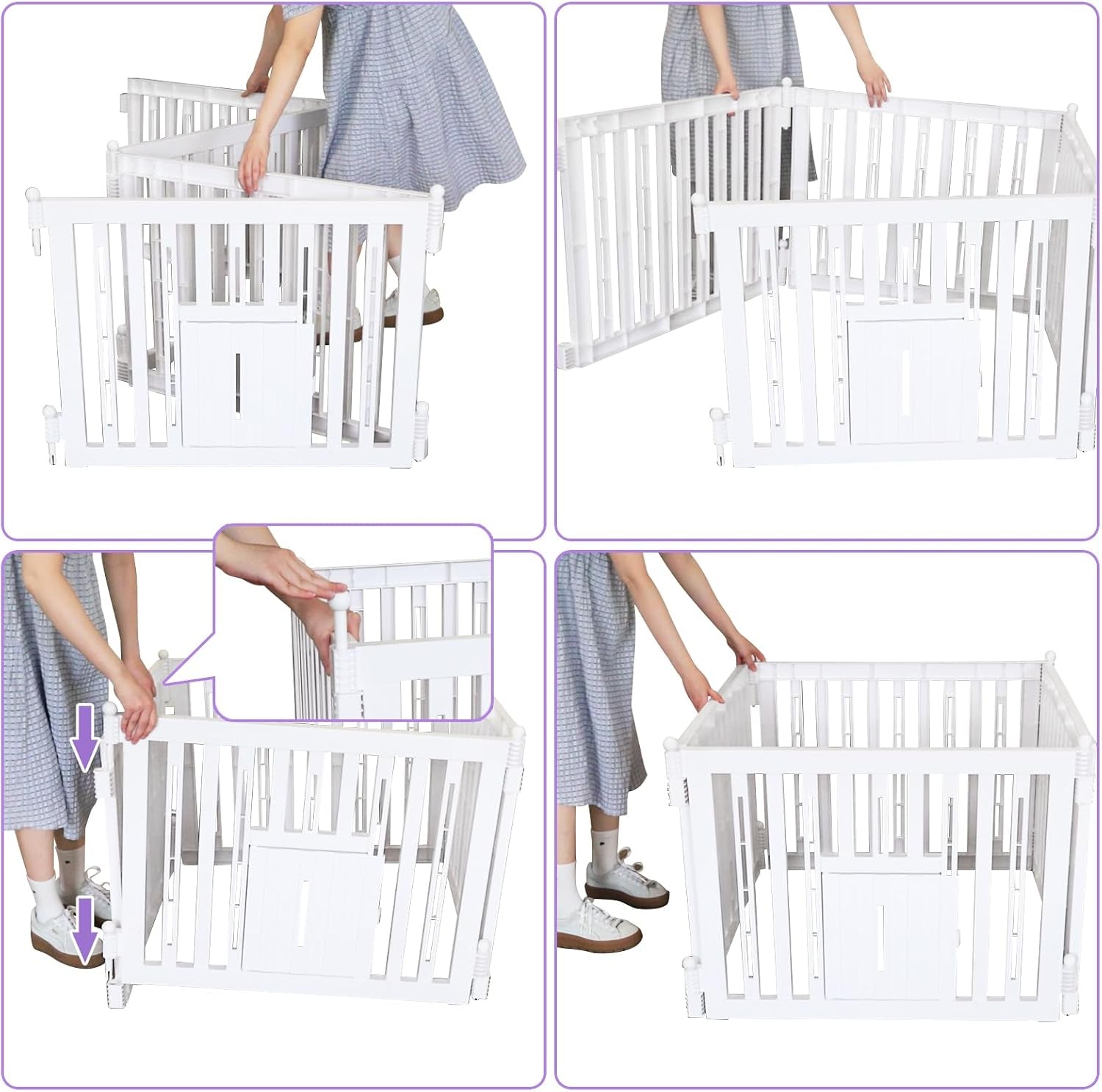 Foldable Plastic Dog Playpen, 4 Panels Pet Fence with Doors for Small Cats and Dogs, Portable Pet Barrier for Indoor and Outdoor, Easy to Assemble (White with Door)