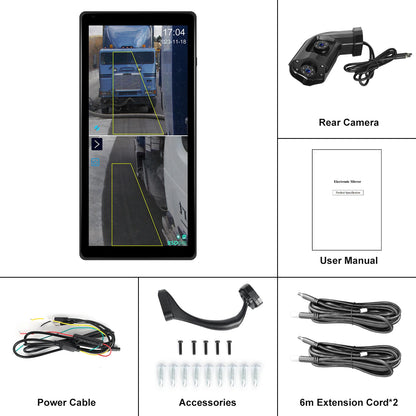 Podofo 10.36'' Car Side View Vertical Monitor For Truck Electronic Rearview Mirror Touch Screen Dual-Cam DVR BSD IP68 Waterproof