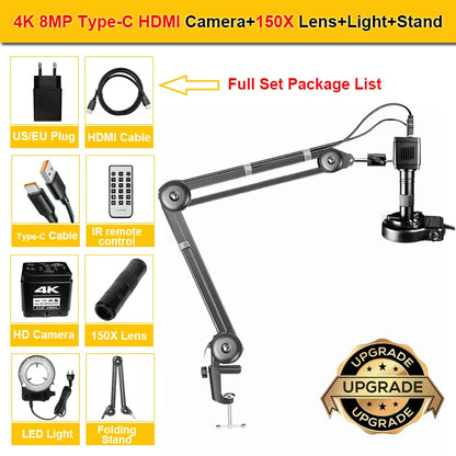 4K 48MP Full HD Industrial microscope 150X Zoom Lens C-Mount HDMI Digital Camera Phone PCB Welding Repair Electronic Microscope
