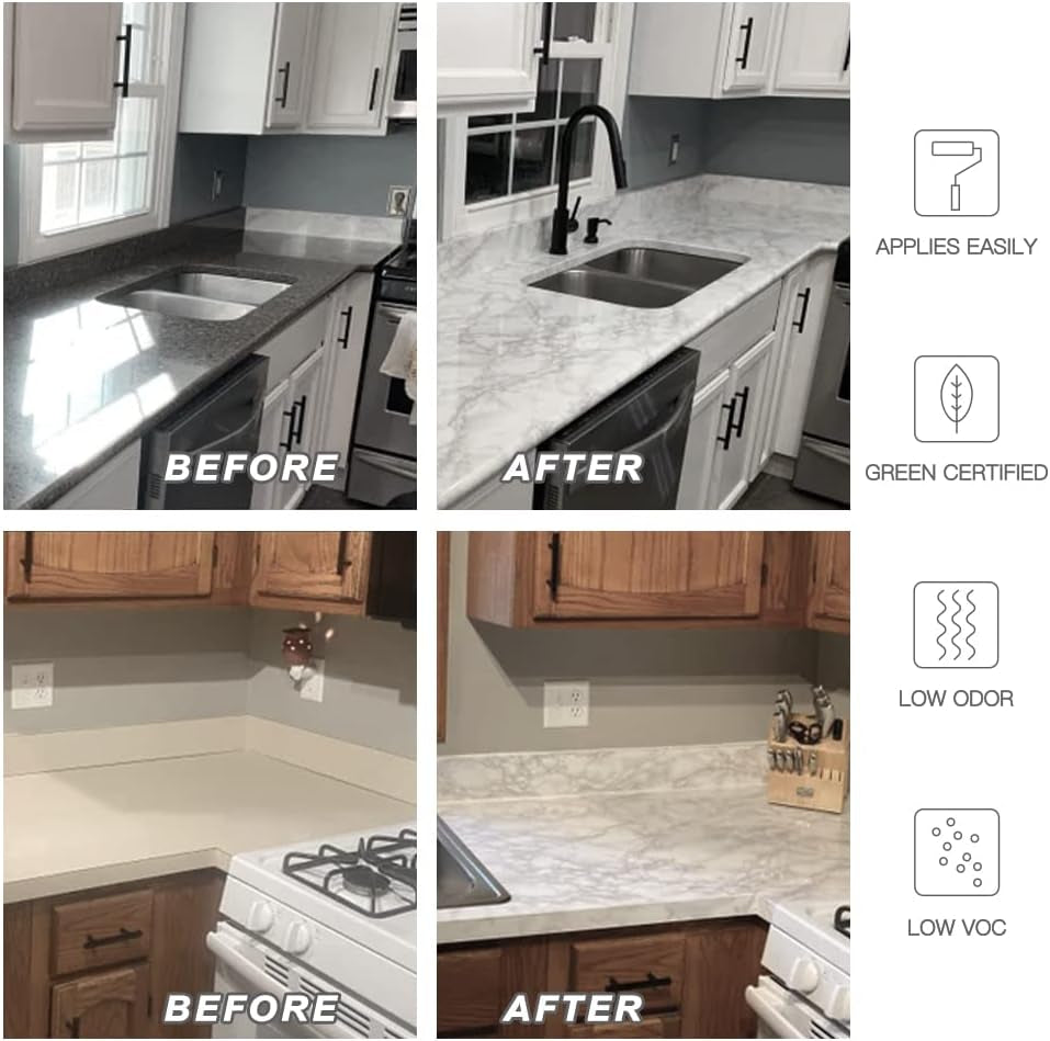 White Marble Countertop Paint Kit - 25X Thick High-Gloss Epoxy Countertop Kit. Works on Kitchen Bathroom - Granite, Marble, Corian and Other Natural Stone Surfaces.