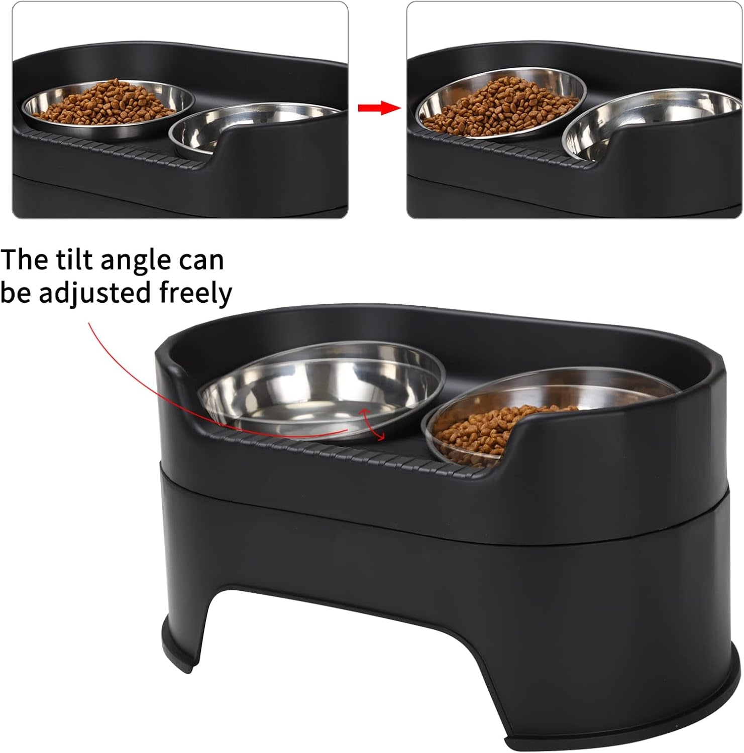 Raised Dog Bowls,Stainless Steel Dog Food Dish and Pet Water Bowls,Elevated Height Adjustable Double Bowl with Stand for Small Medium Dogs and Cats (New Black)