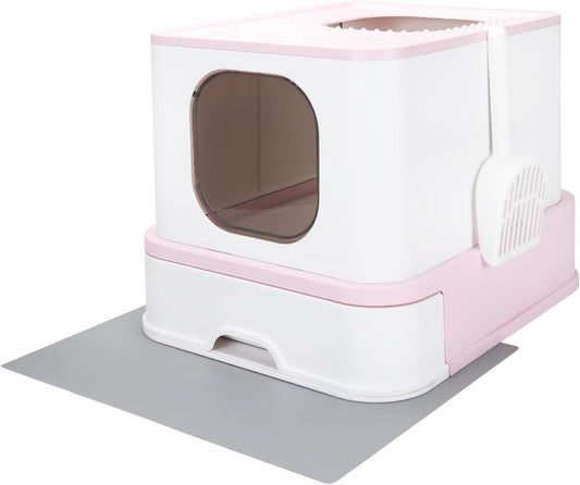 Foldable Cat Litter Box,Cat Box with Drawer, Large Capacity Litter Box with Lid, Top Opening Litter Pan for Small to Big Cats (Pink)