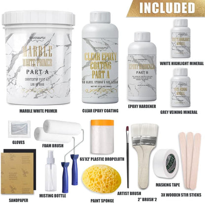 White Marble Countertop Paint Kit - 25X Thick High-Gloss Epoxy Countertop Kit. Works on Kitchen Bathroom - Granite, Marble, Corian and Other Natural Stone Surfaces.