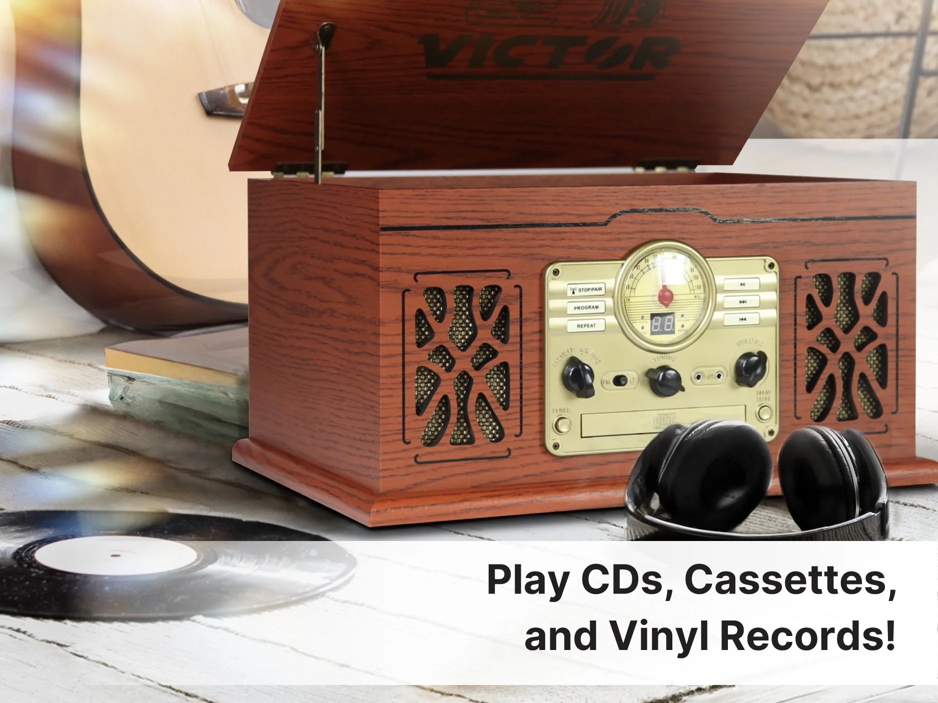 Digital Turntable Bluetooth Radio Record Player with Built-In Stereo Speakers, Mahogany