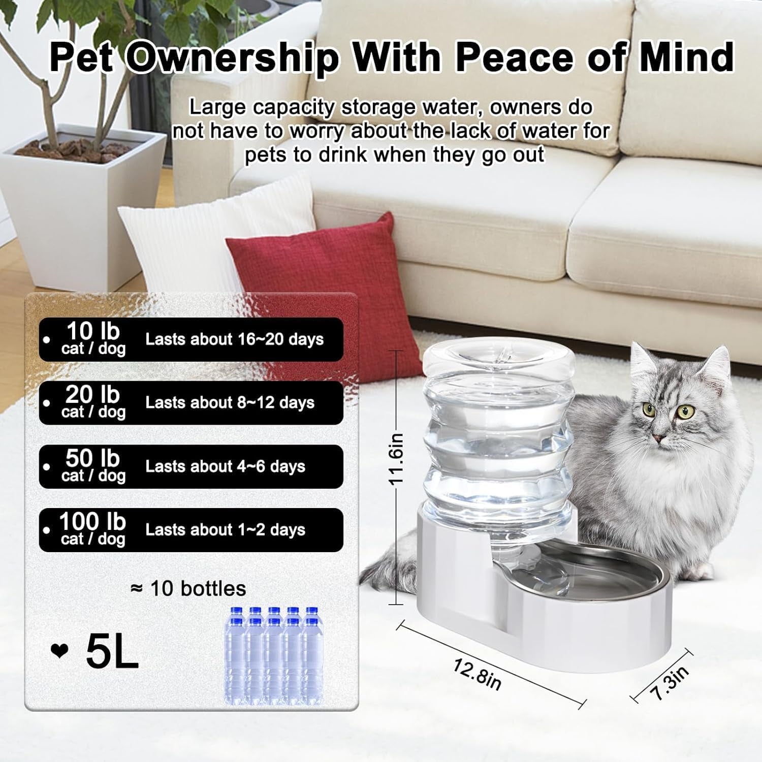 Dog Water Bowl Dispenser: 5L Automatic Stainless Steel Gravity Feeder - Large Capacity Ideal for Indoor and Outdoor Hydration