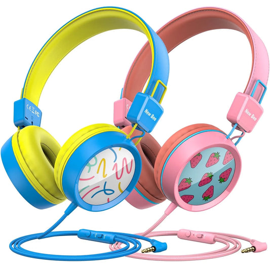 2PC Kids Headphones with Microphone, HD Stereo, Safe Volume Limit 85Db/94Db, Eco-Friendly, Foldable, Adjustable Headband, 3.5Mm Jack for School /Pc/Mac/Tablet (Pink&Blue)
