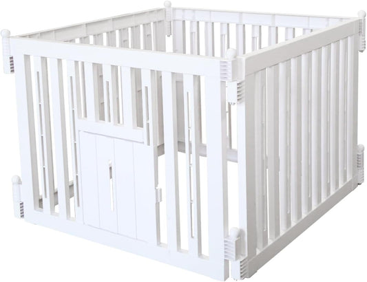 Foldable Plastic Dog Playpen, 4 Panels Pet Fence with Doors for Small Cats and Dogs, Portable Pet Barrier for Indoor and Outdoor, Easy to Assemble (White with Door)