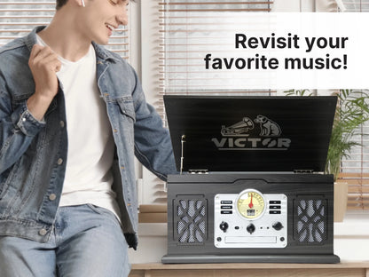 Digital Turntable Bluetooth Radio Record Player with Built-In Stereo Speakers, Mahogany