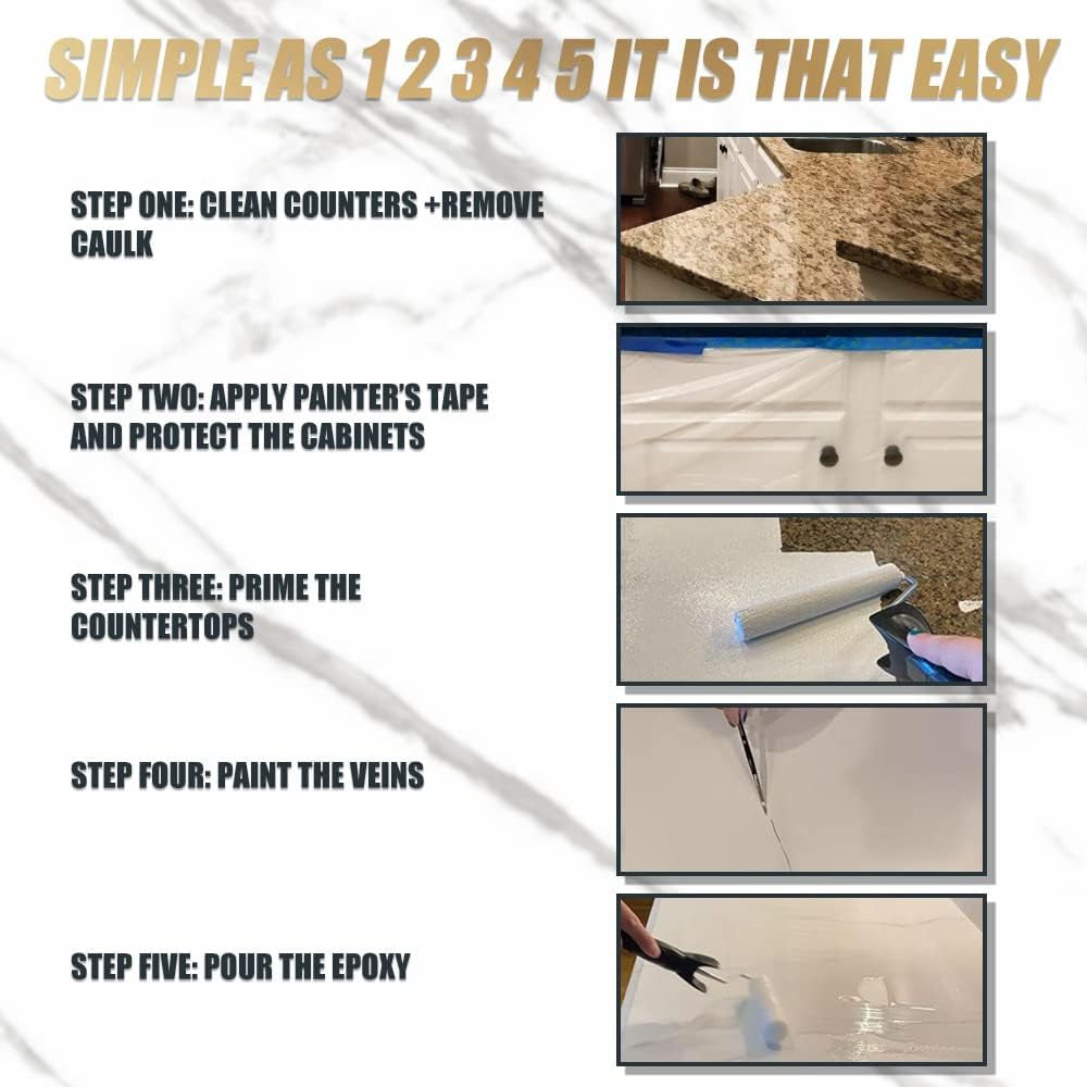 White Marble Countertop Paint Kit - 25X Thick High-Gloss Epoxy Countertop Kit. Works on Kitchen Bathroom - Granite, Marble, Corian and Other Natural Stone Surfaces.