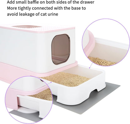 Foldable Cat Litter Box,Cat Box with Drawer, Large Capacity Litter Box with Lid, Top Opening Litter Pan for Small to Big Cats (Pink)