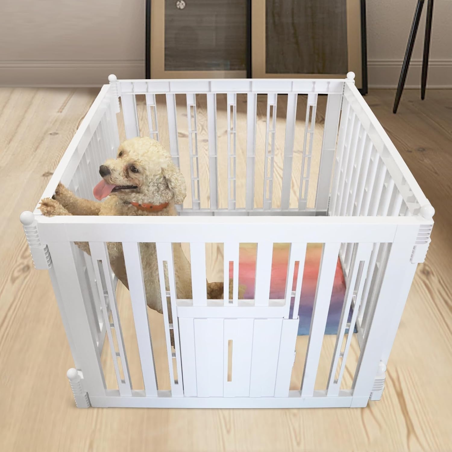 Foldable Plastic Dog Playpen, 4 Panels Pet Fence with Doors for Small Cats and Dogs, Portable Pet Barrier for Indoor and Outdoor, Easy to Assemble (White with Door)