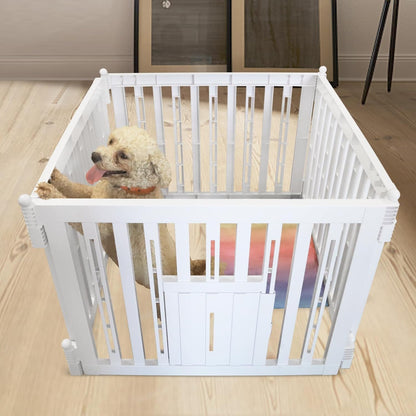 Foldable Plastic Dog Playpen, 4 Panels Pet Fence with Doors for Small Cats and Dogs, Portable Pet Barrier for Indoor and Outdoor, Easy to Assemble (White with Door)