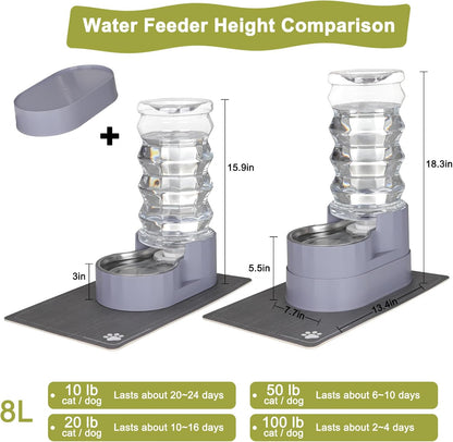 Large Water Dispenser for Dogs: 8L Automatic Stainless Steel Gray Gravity Raised Pet Feeder for Pet Dogs Indoor/Outdoor