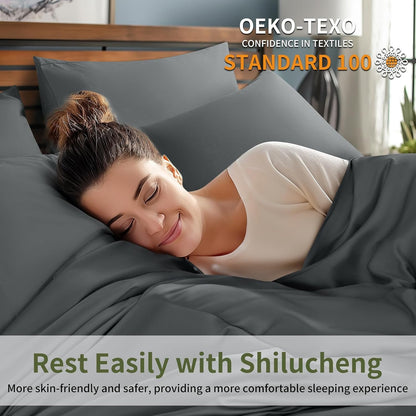 6 Piece King Sheet Sets, Cooling Sheets, Blend Rayon Derived from Bamboo, Deep Pocket up to 16", Breathable & Soft Bed Sheets, Hotel Silky Bedding Set, Dark Grey